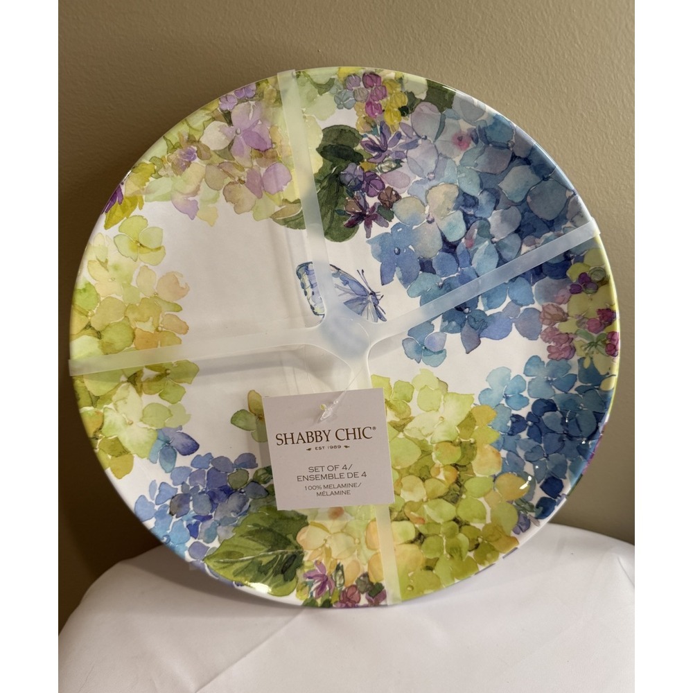 SHABBY CHIC Spring Floral Melamine 11" Dinner Plate Set of 4 Hydrangea NEW
